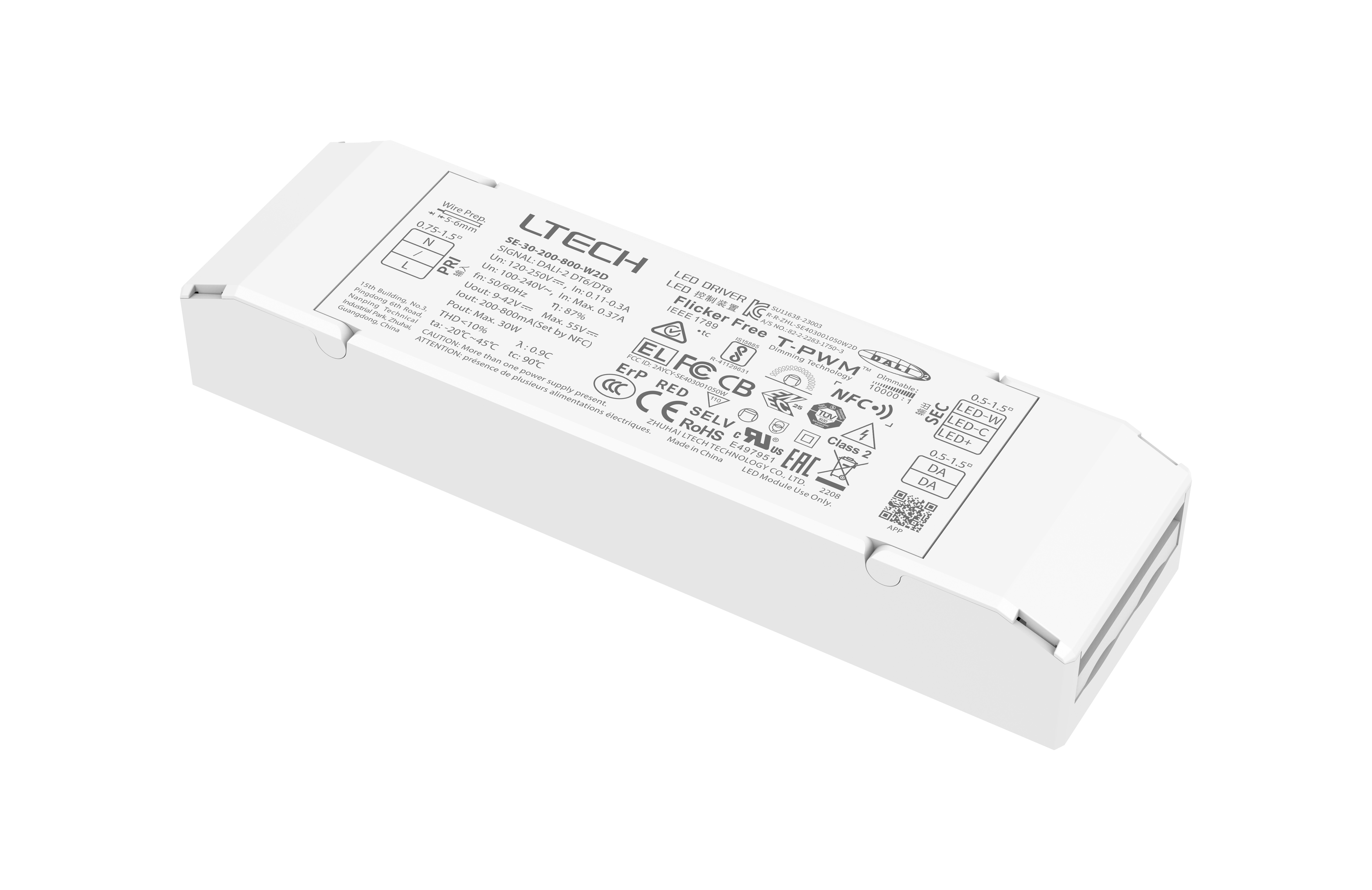 SE-30-200-800-W2D  Intelligent LED Driver, NFC DALI  0-100% Dim, PWM Digital Dim,DALI DT6/8 Tuneable,  30W 200-800mA 9-42Vdc  Out put Range.0.9-20W , IP20, 5yrs Wrnty.